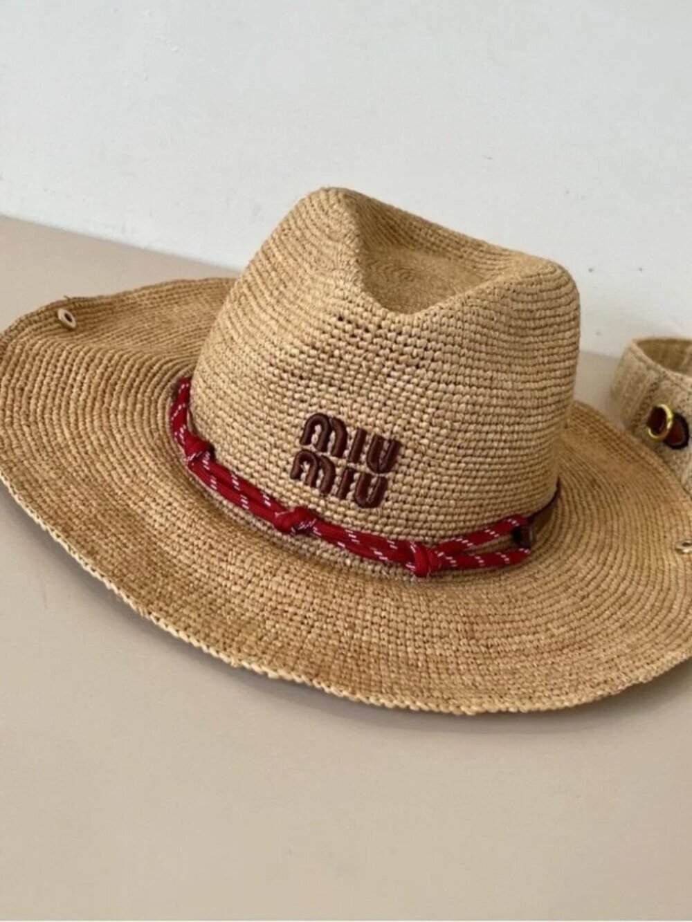 Miu Miu Natural Straw Cowboy Hat with Red Band - Picture 3 of 7